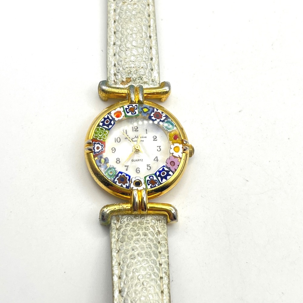 La Murrine Murano Glass Millefiori Watch White Gold Tone Floral Bezel
